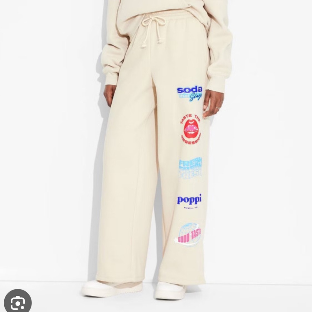 Poppi Beige Wide Leg Sweatpants with Colorful Graphics And Quotes 2X